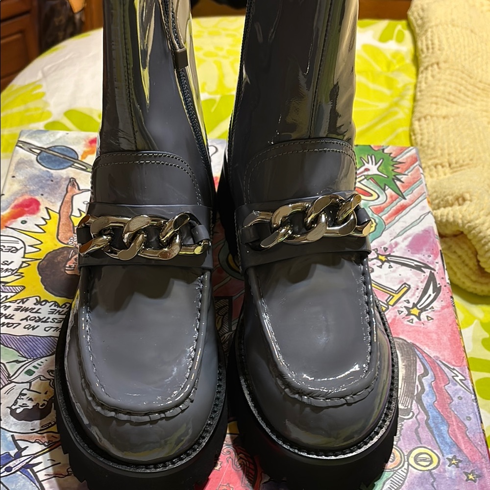 Jeffrey Campbell Gray Combat Boots with Silver Chain